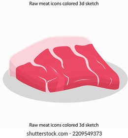 Raw meat icons colored 3d sketch