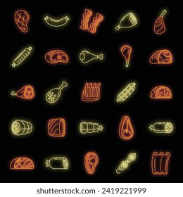 Raw meat icons set. Outline set of raw meat vector icons neon color on black