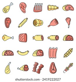 Raw meat icons set. Outline set of raw meat vector icons thin line color flat on white
