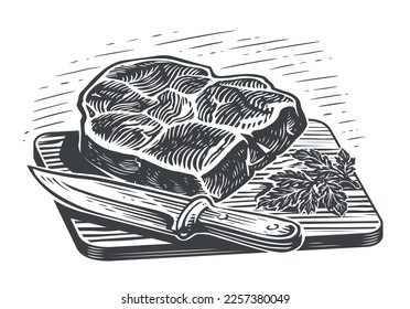 Raw meat and knife on wooden cutting board. Grill food, beef steak, tenderloin engraved sketch vector illustration