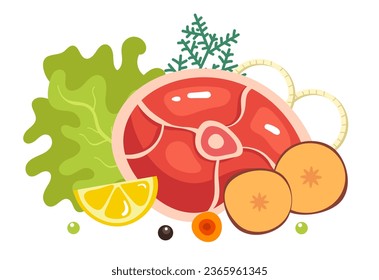 Raw meat lamb beef ham bbq steak with vegetables concept. Vector graphic design illustration