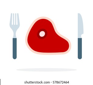 Raw meat on the bone with a fork and knife vector flat material design isolated on white