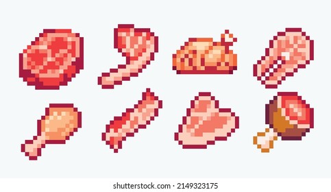 Raw Meat Pixel Art Set. Pork, Beef, And Fish Steaks Collection. 8-bit Sprite. Game Development, Mobile App.  Isolated Vector Illustration.