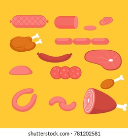 Raw meat products. Butchery big set. Flat butcher shop design elements and food icons