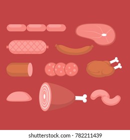 Raw meat products. Butchery big set. Flat butcher shop design elements and food icons