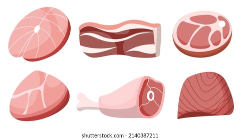 Raw meat products flat set. Butchery shop fresh assortment. Pork slice and beef steak pack. Chicken leg design elements collection. Vvector illustrations.