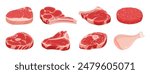 Raw meat products. Fresh beef steaks, burger patty and chicken leg, raw meat food flat vector illustration set. Butcher shop products