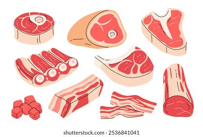 Produtos à base de carne crua. Bifes de carne fresca, carne crua de porco alimento conjunto de ilustração de vetor plano. Produtos para talhos