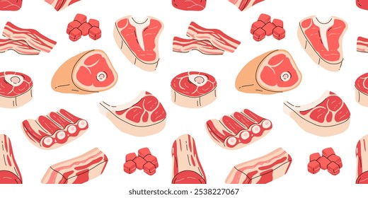 Produtos à base de carne crua. Bifes de carne fresca, carne crua de porco alimento conjunto de ilustração de vetor plano. Talho produtos padrão sem costura