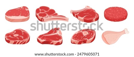 Raw meat products. Fresh beef steaks, burger patty and chicken leg, raw meat food flat vector illustration set. Butcher shop products