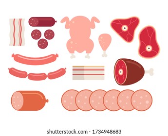 Raw meat and sausage isolated set. Vector flat graphic design cartoon illustration