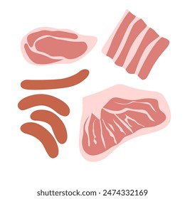 raw Meat and sausage Vector Illustration