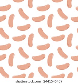 Raw meat sausages seamless pattern. Background with chicken or pork sausages. Print meat products, vector graphics