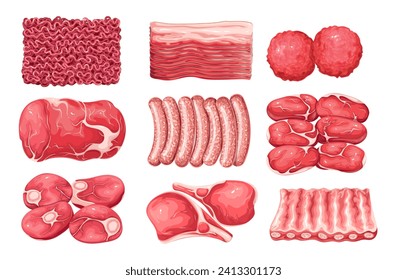 Rohfleischsatz, Vektorgrafik. Cartoon-Einzelbutterladen oder -bäuermarkt-Sortiment-Sammlung mit verschiedenen Fleischprodukten, Rindfleisch und Schweinefleisch, verschiedenen Steaks, Rippen und Würstchen