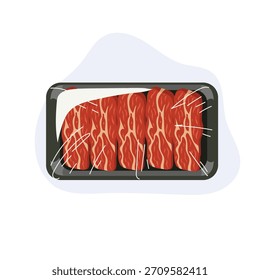 Rohfleisch geschnitten Rindfleisch verpackt in Plastikverpackung frisch marmorierten Rindfleisch Tablett Lebensmittel Illustration