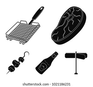 Raw meat steak, grill with handle, bottle of ketchup, shish kebab.BBQ set collection icons in black style vector symbol stock illustration web.