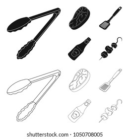 Raw meat steak, grill with handle, bottle of ketchup, shish kebab.BBQ set collection icons in black,outline style vector symbol stock illustration web.