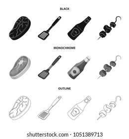 Raw meat steak, grill with handle, bottle of ketchup, shish kebab.BBQ set collection icons in black,monochrome,outline style vector symbol stock illustration web.