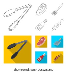 Raw meat steak, grill with handle, bottle of ketchup, shish kebab.BBQ set collection icons in outline,flat style vector symbol stock illustration web.