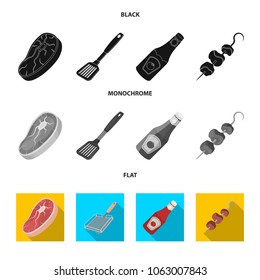 Raw meat steak, grill with handle, bottle of ketchup, shish kebab.BBQ set collection icons in black, flat, monochrome style vector symbol stock illustration web.