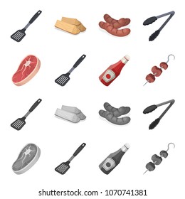 Raw meat steak, grill with handle, bottle of ketchup, shish kebab.BBQ set collection icons in cartoon,monochrome style vector symbol stock illustration web.