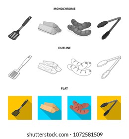 Raw meat steak, grill with handle, bottle of ketchup, shish kebab.BBQ set collection icons in flat,outline,monochrome style vector symbol stock illustration web.