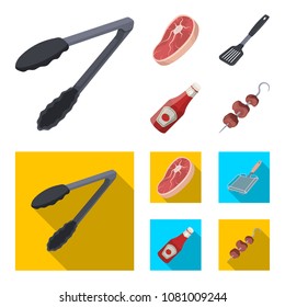 Raw meat steak, grill with handle, bottle of ketchup, shish kebab.BBQ set collection icons in cartoon,flat style vector symbol stock illustration web.