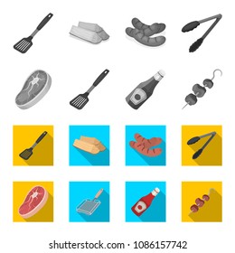 Raw meat steak, grill with handle, bottle of ketchup, shish kebab.BBQ set collection icons in monochrome,flat style vector symbol stock illustration web.