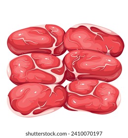 Ilustración vectorial de carnes crudas. Caricatura vista arriba aislada de trozos deshuesados de carne tierna de ternera o cerdo, chuletas de ternera fresca o rodajas de carne de vaca descocidas se cubren para cocinar deliciosa comida para la cena