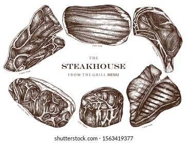 Raw meat top view sketches collection. Vector illustrations of Filet mignon, rib eye, strip, flank, 7-bone, t-bone steaks. Hand drawn cuts of beef.  Steak house, grill restaurant menu elements