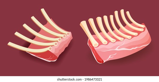 Raw meat - Veal rack Ribs on red background vector illustration