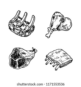 Raw meat vector drawing set. Hand drawn beef steak, pork ham, lamb rib, minced chicken forcemeat. Raw food ingredient. Vintage sketch. Butcher shop product. Great for label, restaurant menu.