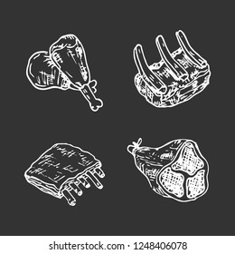Raw meat vector drawing set. Hand drawn beef steak, pork ham, lamb rib, minced chicken forcemeat. Raw food ingredient. Vintage sketch. Butcher shop product. Great for label, restaurant menu.