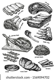 Raw meat vector drawing set. Hand drawn beef steak, pork ham, roast beef, steak, lamb rib. Raw food ingredient. Vintage sketch. Butcher shop product. Great for label, restaurant menu.