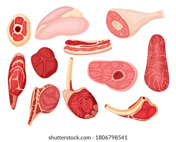 Raw meat. Vector pork, lamb or beef loin, chop, rib and steak. Cartoon raw meat isolated icon set on white background. Food for barbecue illustration. Butcher shop product different kind