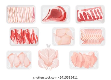 Raw meat in white plastic containers set. Top view of chilled whole chicken and cut in wings or legs, drumsticks and fillet without skin, beef steaks and ribs, bacon cartoon vector illustration