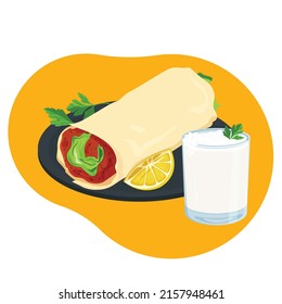 Materia cruda e ilustración vectorial de la leche batida (cig kofte) aislada en un fondo blanco. Platos tradicionales turcos. Limón,
lechuga, perejil.