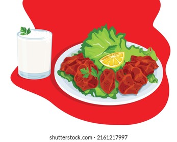 Ilustración vectorial de albóndigas crudas (cig kofte) aislada en un fondo blanco. Platos tradicionales turcos. Limón, 
lechuga, ayran.