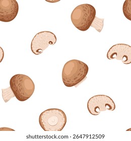 Cogumelo cru inteiro e fatias sem emenda padrão. Desenhado à mão desenhos animados vetor ilustração plana de tampa marrom cortada isolada sobre fundo branco. Impressão para têxteis, tecidos, decoração de cozinha