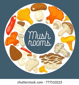 Raw mushrooms in circle around sign in italique
