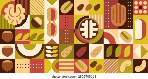 Raw nuts and beans geometric pattern. Abstract food background with almond, hazelnut and cashew nuts, coffee beans, peanut and walnut, pistachio and coconut pattern of brown geometric shapes mosaic