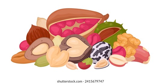 Raw nuts handful. Seeds and nuts bunch, peanut, cashew, almond and walnut mix, vegetarian diet organic mix flat vector illustration. Cartoon nuts mix