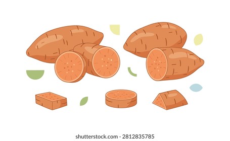 Raw orange sweet potatoes featuring whole and sliced sections for versatile culinary use in a clean presentation.