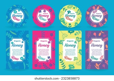 Rohes Bio-Honig-Rechteck-Etiketten mit dekorativen Blumen setzen Vektorgrafik. Natürliches Bienenprodukt süße leckere Dessert Nährstoff Bienenzuchtnektar-Aufkleber Emblem