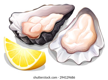 Raw oyster in shell with slice of lemon