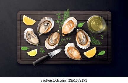 Raw oysters served on wooden plate with condiments and lemon realistic composition on dark background vector illustration