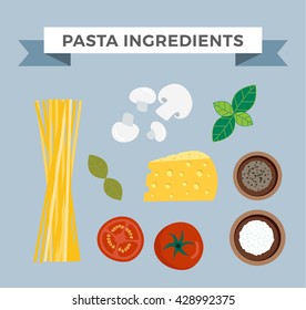 Raw pasta with ingredients on white background and pasta ingredients cuisine spaghetti ingredient