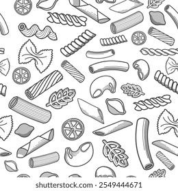 Raw pasta seamless pattern. Engraved food cooking