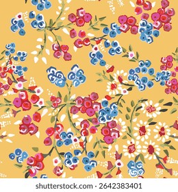 Raw pastel drawing design flowers field, wildflower floral blossom bloom seamless pattern on yellow. Embroidery soft background spring ditsy floral print	