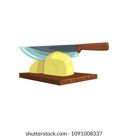 Raw peeled potato on wooden board with knife vector Illustration on a white background